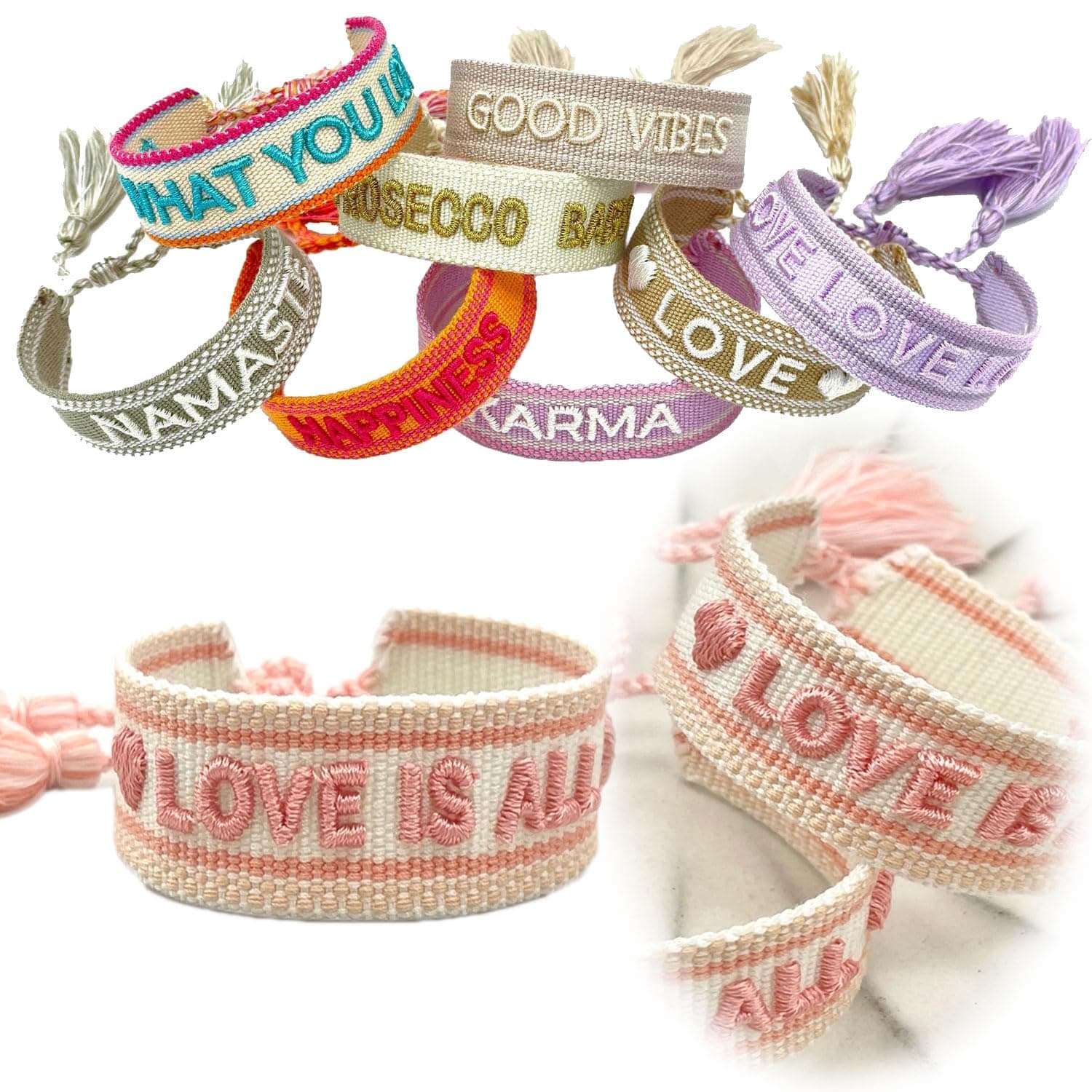 LS-LebenStil Exklusives Statement Armband - das Original - Quasten besticktes Boho Canvas Webarmband Damen Freundschaftsarmband