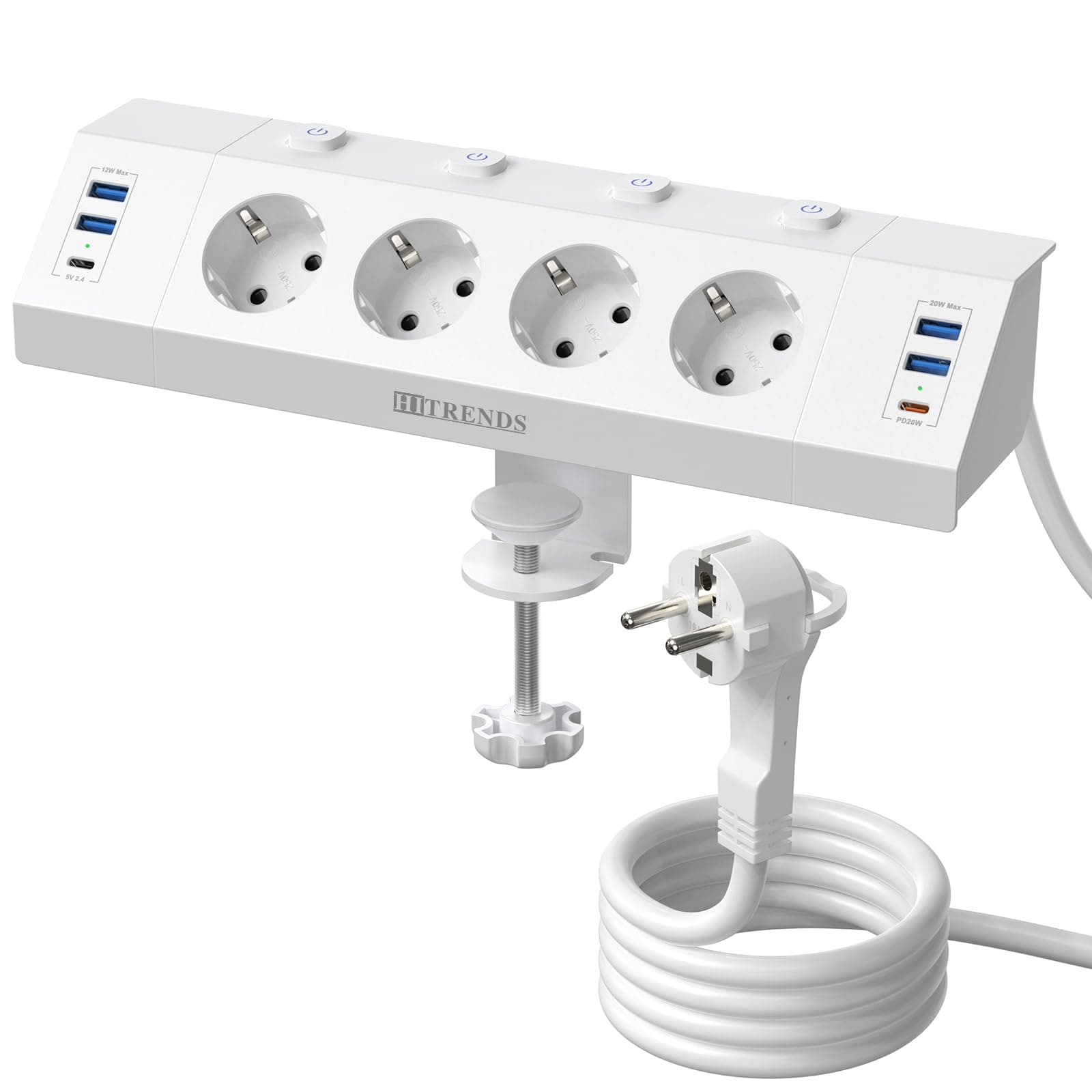 Tischsteckdose 4 Fach mit 2 USB C - 2M Weiß White 002