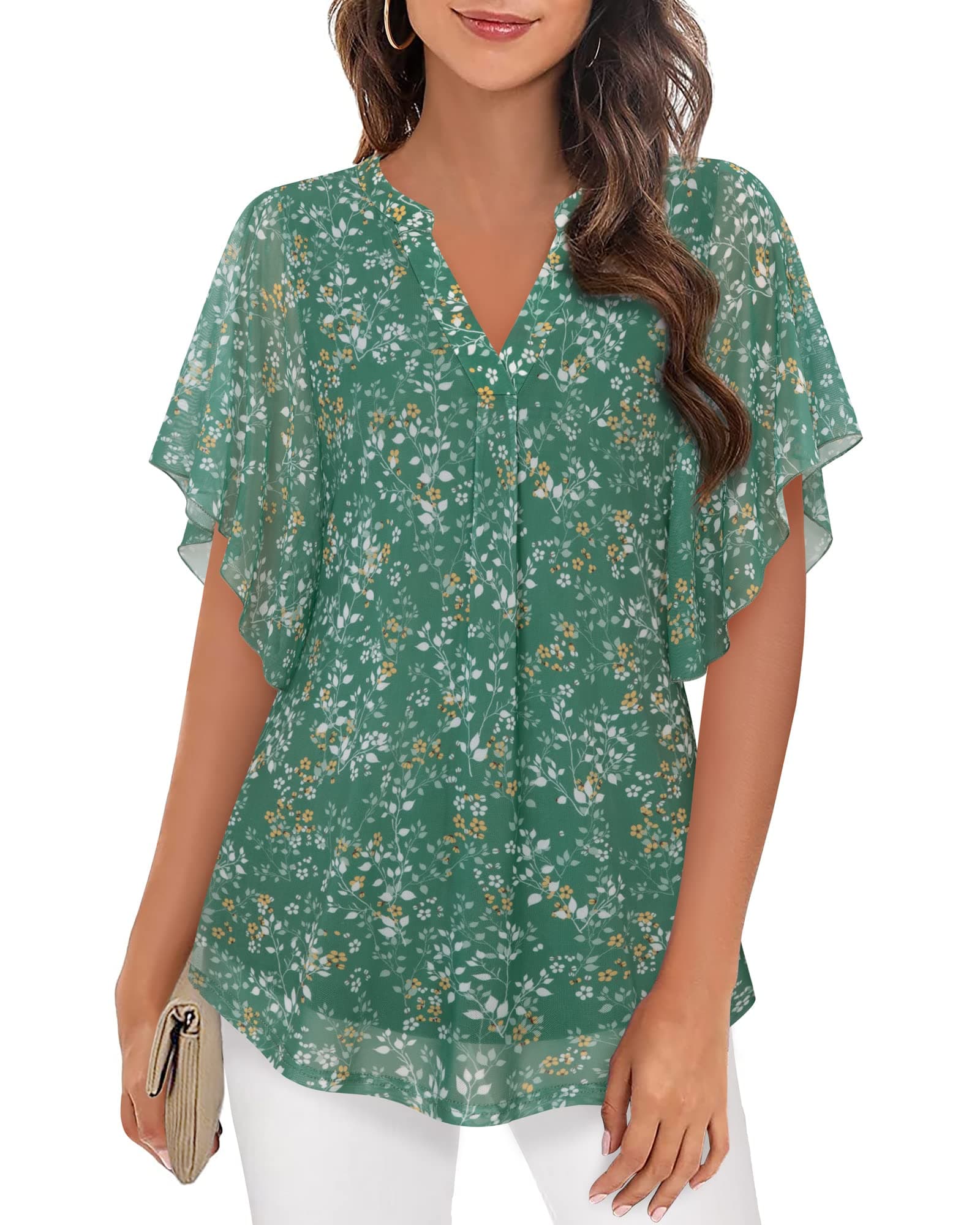 Vafoly Bluse Damen Elegant Kurzarm Sommer Tunika V-Ausschnitt Mesh Oberteil