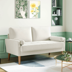 Meskanu Couch 2 Sitzer, 121 cm Samt Kleines Sofa mit 2 Wurfkissen, Modern Mini Sofa, Weiß 😍