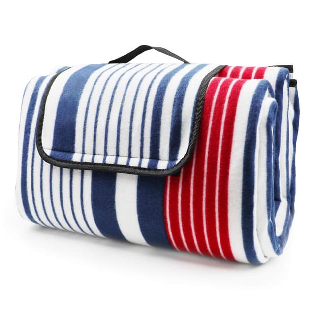 🌞🧴🌳 LIVEHITOP Picknickdecke Wasserdicht Große Verdickt - 200x200 cm Stranddecke Kompakt Vlies für Camping Draussen Sommer, Rot Blau Streifen 200 x 200 cm (Rechteckig) Rot Blau 🌳🧴🌞