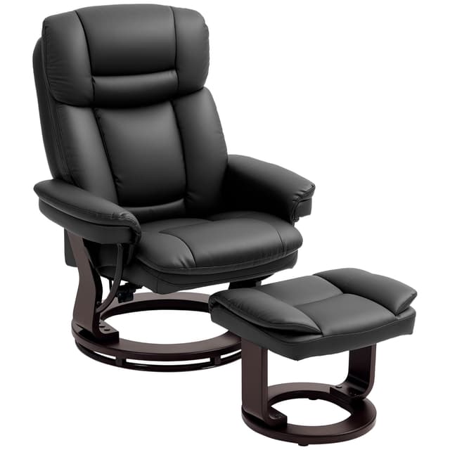 🛋️ HOMCOM Relaxsessel mit Hocker, 360°drehbarer Fernsehsessel mit Liegefunktion, TV-Sessel mit Taschenfeder für Wohnzimmer, Kunstleder, Schwarz