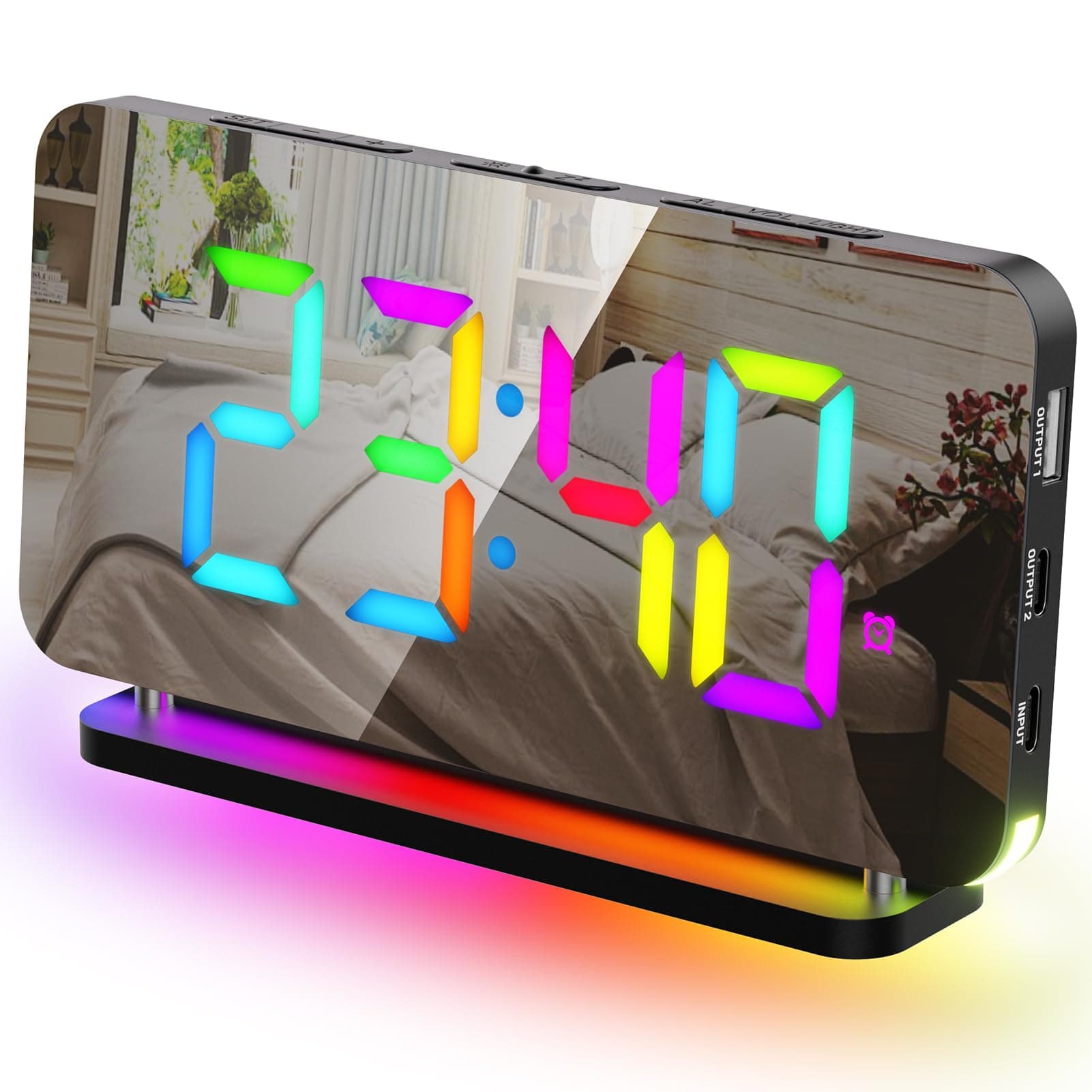 GlasFlength Wecker Digital, LED Digitaler Wecker 5 Helligkeits Digitale Uhr mit 11 RGB Nachtlicht 5 Lautstärke Digitalwecker mit Leuchtziffern 7" Spiegeluhr Uhr Digital Schlafzimmer mit Snooze 12/24HR