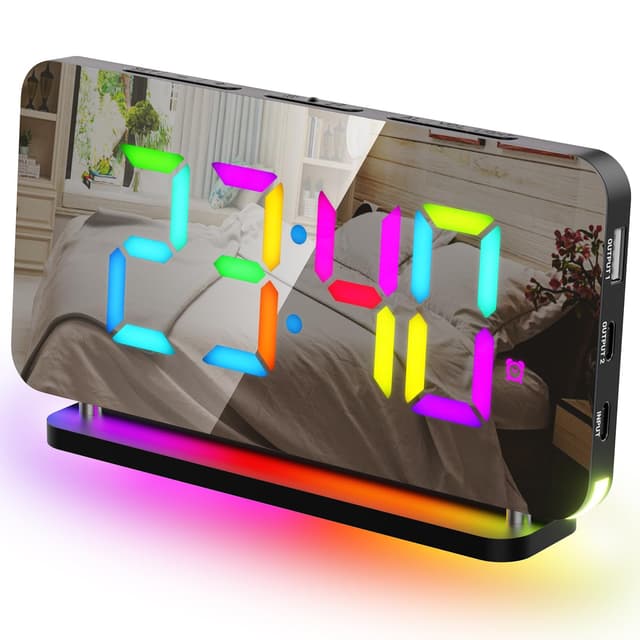 GlasFlength Wecker Digital, LED Digitaler Wecker 5 Helligkeits Digitale Uhr mit 11 RGB Nachtlicht 5 Lautstärke Digitalwecker mit Leuchtziffern 7" Spiegeluhr Uhr Digital Schlafzimmer mit Snooze 12/24HR