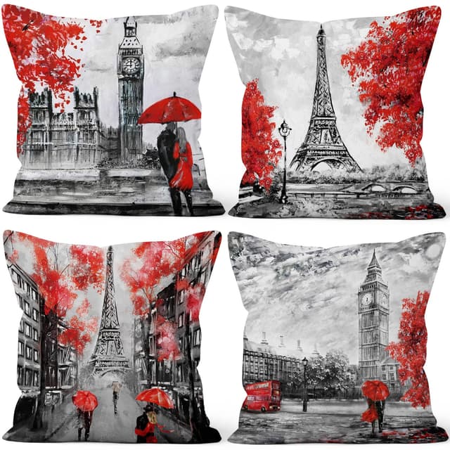 Aoihrraan Kissenbezüge 4er Set 🌟 Eiffelturm Big Ben Muster Wurfs Kissen Abdeckungs Roter Romantischer Baum Regenschirm Weicher Kurzer Plüsch Quadrat Kissenbezug