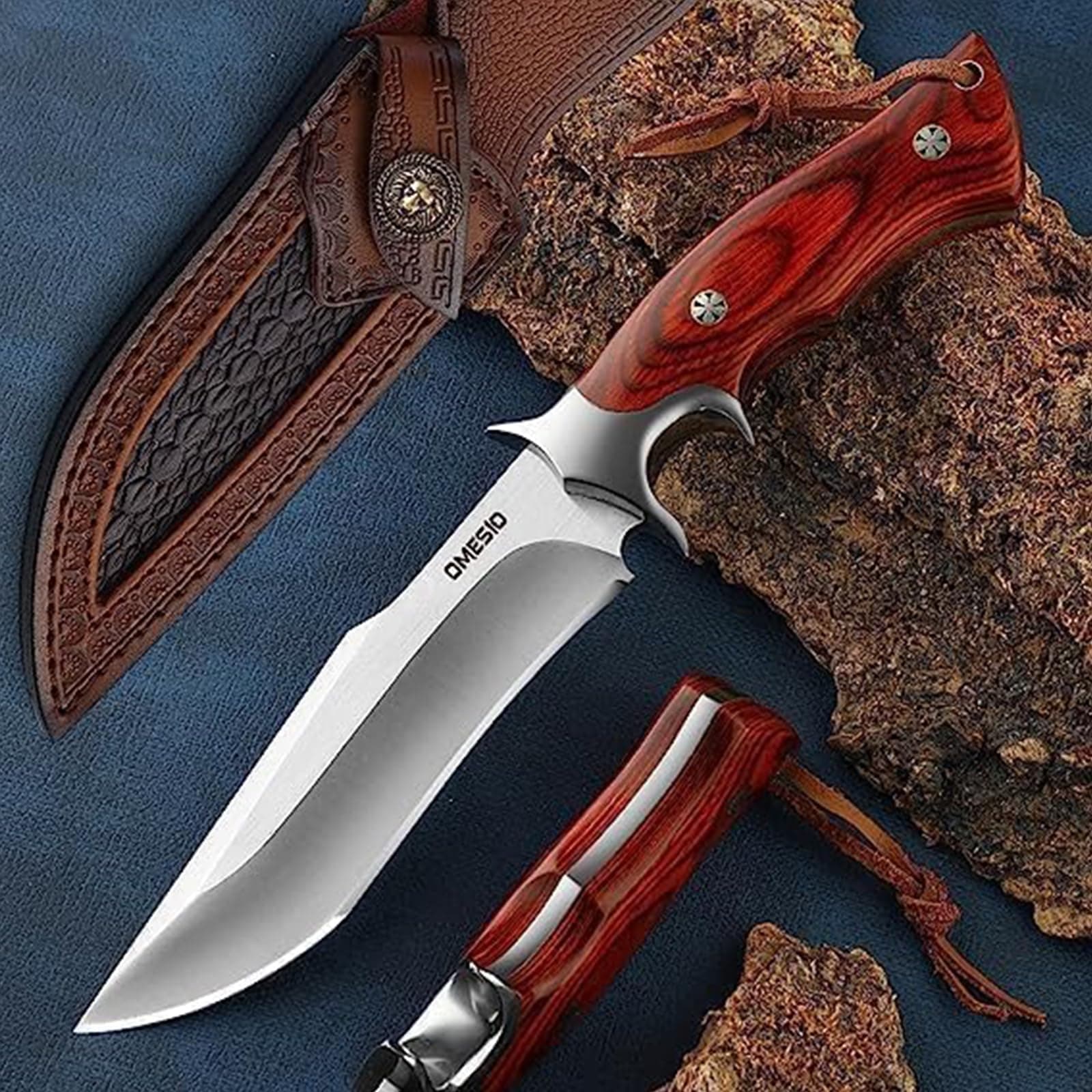 🪓 Omesio Survival Messer Feststehende Klinge mit Scheide - Jagdmesser Groß Holzgriff Scharf Outdoor Messer