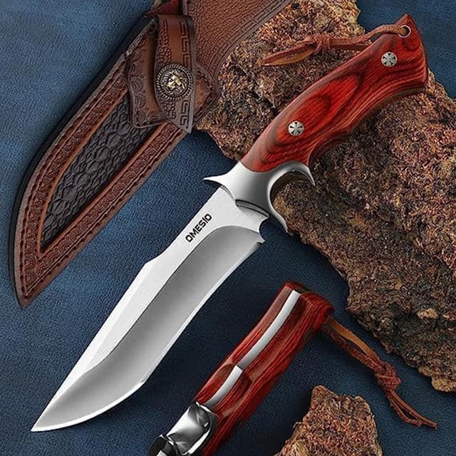🪓 Omesio Survival Messer Feststehende Klinge mit Scheide - Jagdmesser Groß Holzgriff Scharf Outdoor Messer