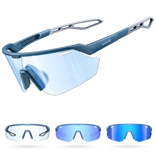 Lamicall Fahrradbrille Herren, Schnelle Brille Damen - [3S Selbsttönend] [28g TR90 Ultraleicht] Sonnenbrille Fahrrad Blau