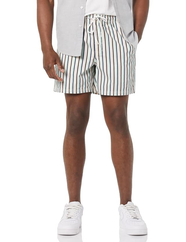 🌟 Amazon Essentials Herren Shorts mit Kordelzug und 15 cm Innenbeinlänge S Grün Rosa Vertikale Streifen - Angebotspreis!