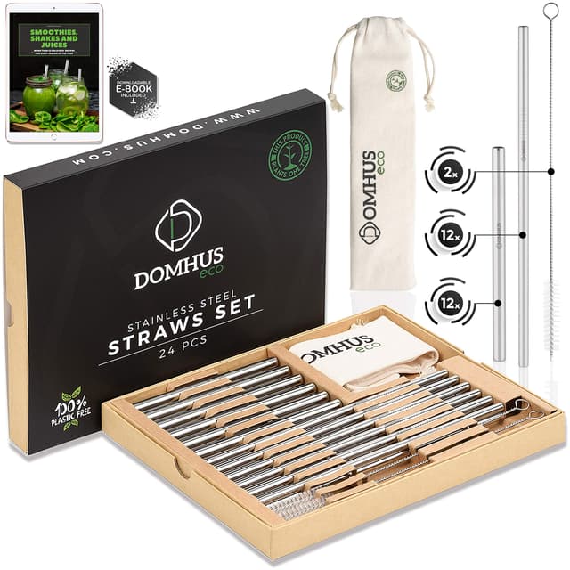 DOMHUS® Premium Edelstahl Strohhalme Wiederverwendbar Set 24er 🌊♻️ | 100% Plastikfrei