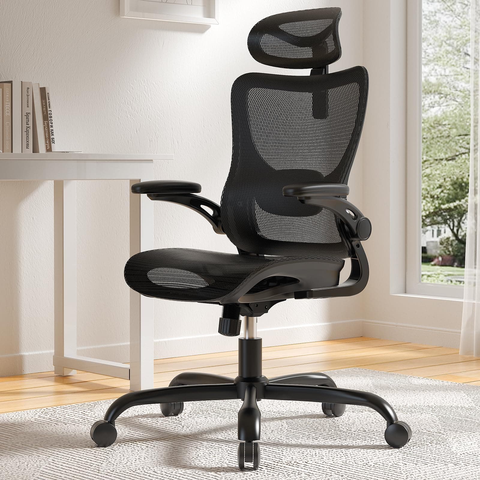 Marsail Bürostuhl Ergonomisch mit Hoher Netzrückenlehne, 🌟 Adaptiver Lendenwirbelstütze, 2D-Kopfstütze, 3D-Klapparmlehnen 🪑