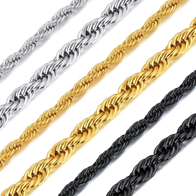 Richsteel Herren Kette Kordelkette Seilkette-3mm/6mm-Silber/Gold/Schwarz-46cm bis 76cm lang 01-Silber 50 Zentimeter 🌟