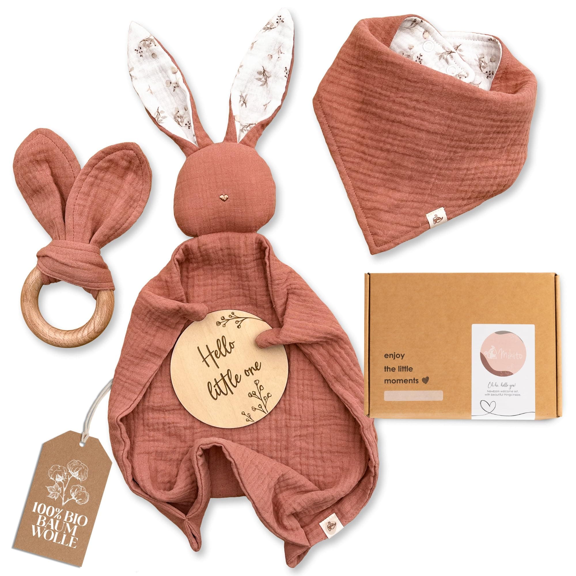 Mikito Baby Geschenk Set für Junge & Mädchen - 🎁 Bio-Baumwolle - 🧶 Baby Geschenkset - 🐒 Einschlafhilfe - 🥳 Bereit zum Verschenken