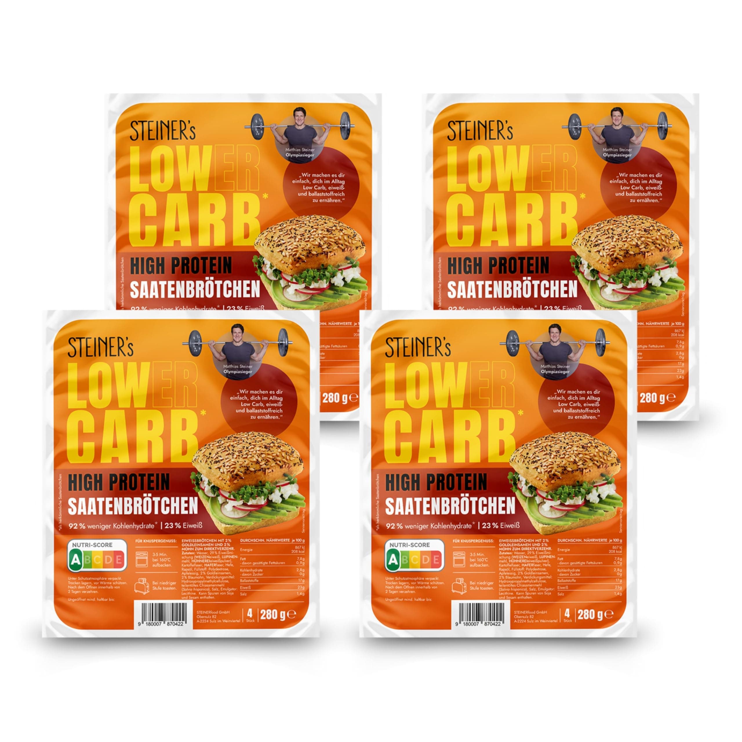 STEINER´s Low Carb High Protein Saatenbrötchen | 92% weniger Kohlenhydrate | 4er Pack, 16 Stk.