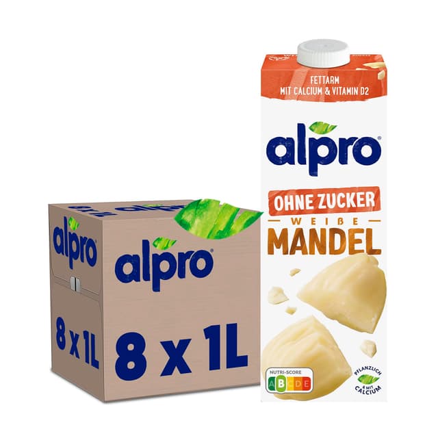 🌱 Alpro Mandel-Drink Ohne Zucker, Ungeröstet, Pflanzlicher Drink, Vegan, Laktosefrei, Glutenfrei, UHT, 8x1L 1 l (8er Pack) - Sonderangebot!