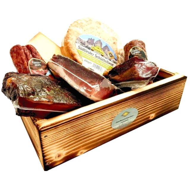🧀🥓🎁 BAVAREGOLA Südtirol Geschenkekiste mit 7 Südtiroler Spezialitäten - Präsentkorb gefüllt mit Speck, Käse, Salami - Genuss Geschenk für Männer & Frauen