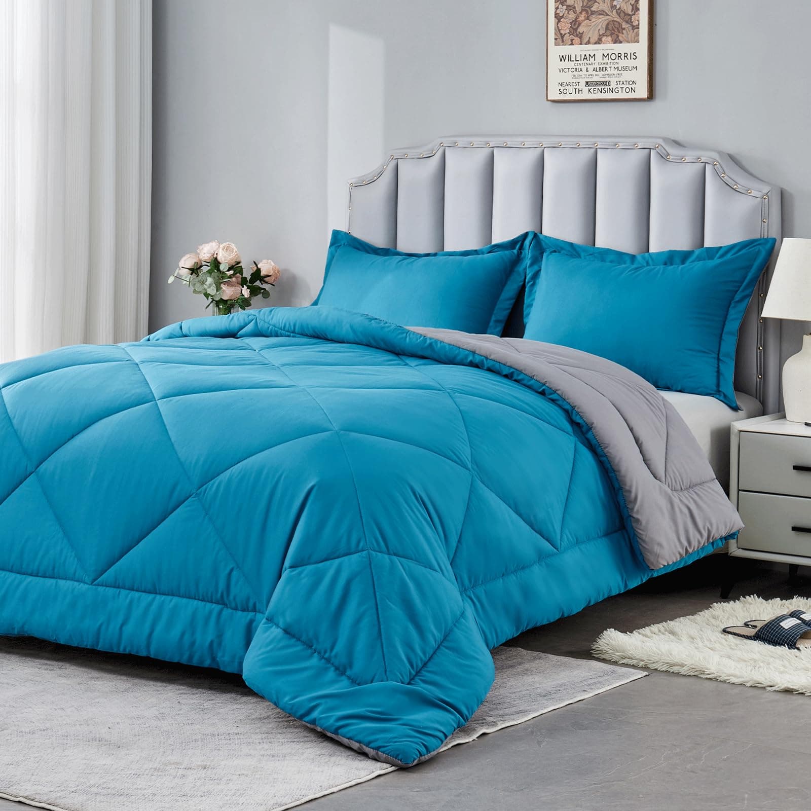 beeweed Bettdecke 135x200 Winter Warm Winterbettdecke 135 x 200 💤 Wende-Steppdecke 450GSM Füllung 4 Jahreszeiten Bettdecke Duvet Weiche Mikrofaser Schlafdecke mit Kissenbezüge Pfauenblau/Grau 135 x 200 cm
