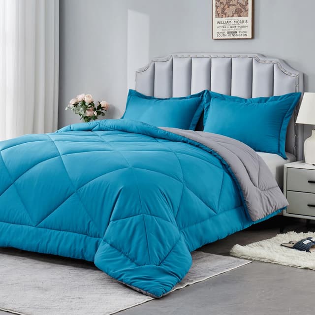 beeweed Bettdecke 135x200 Winter Warm Winterbettdecke 135 x 200 💤 Wende-Steppdecke 450GSM Füllung 4 Jahreszeiten Bettdecke Duvet Weiche Mikrofaser Schlafdecke mit Kissenbezüge Pfauenblau/Grau 135 x 200 cm