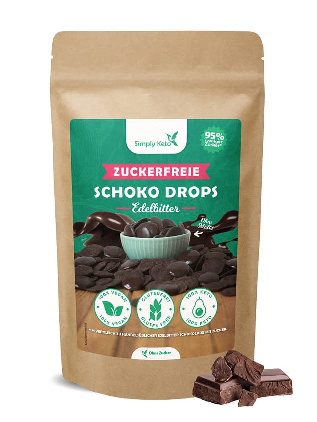 Simply Keto Lower Carb* Schokodrops Zuckerfrei (200g) - Edelbitter Schoko Drops zum Naschen oder Backen