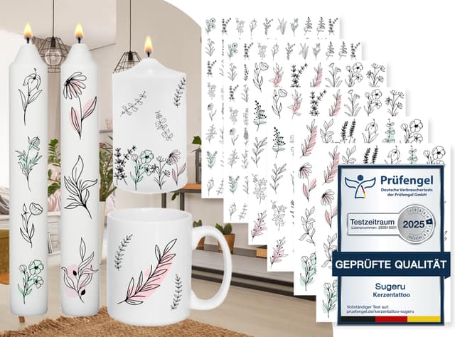 Sugeru 6 PCS Kerzentattoo (200+ Muster) Wassertransferdruck