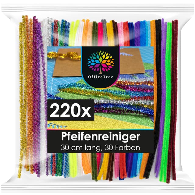 Bunte Pfeifenputzer zum Basteln - OfficeTree 220 Stück - 30 Farben inklusive Glitzerdraht