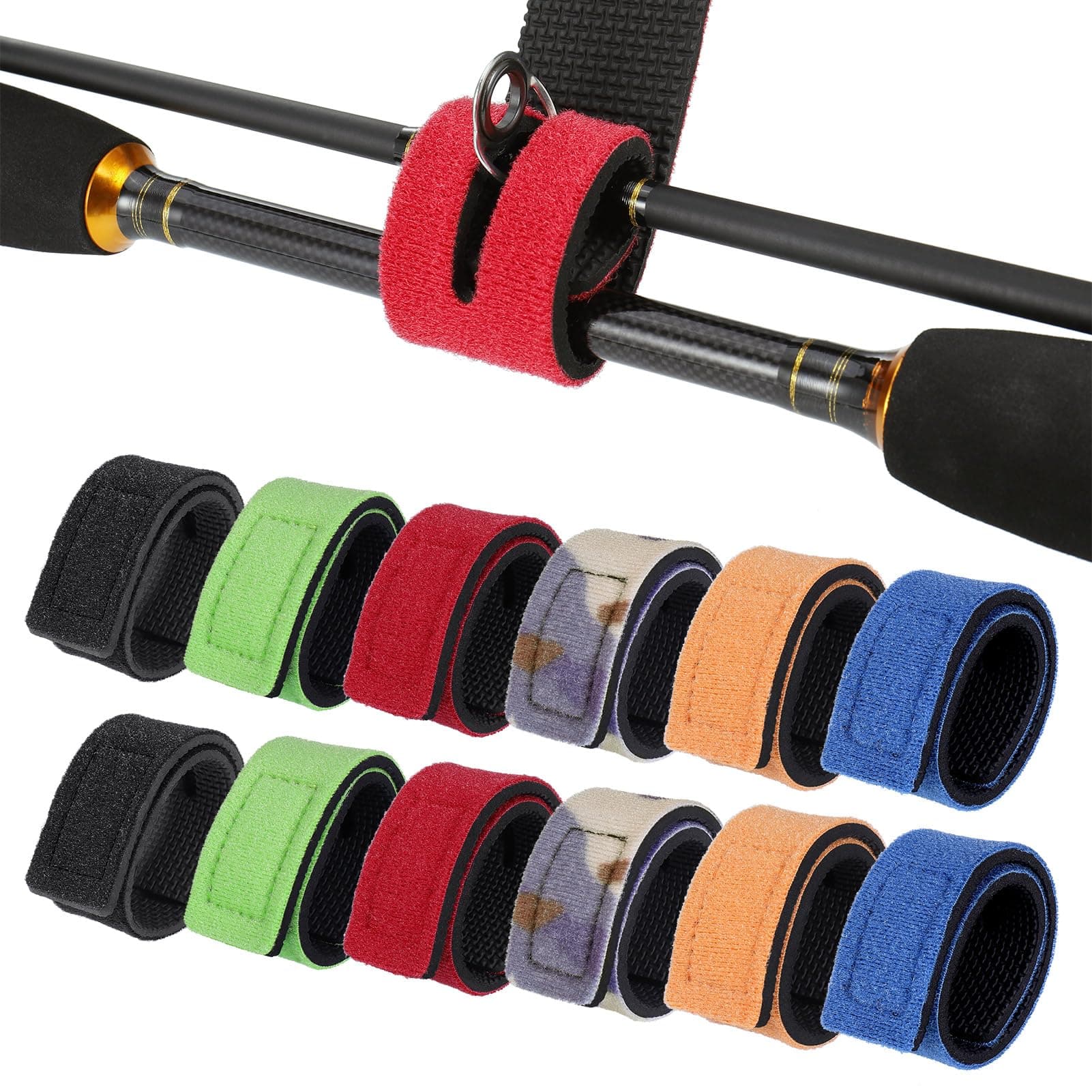 🎣 Angelruten Gurte 12 Stück - 6 Farben - Elastische Rutenbänder mit Schnalle
