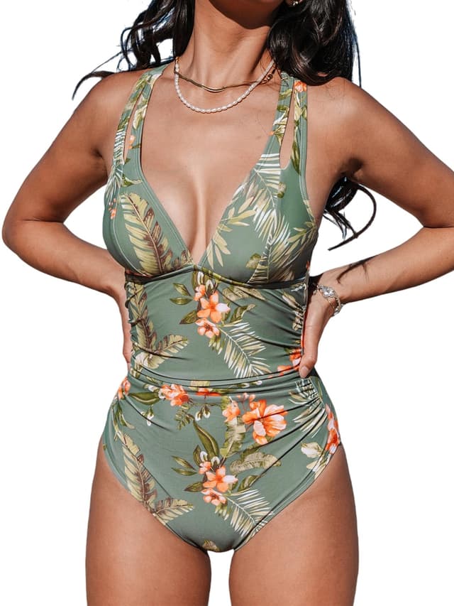 CUPSHE Damen Badeanzug V Ausschnitt Bauchweg Doppelte Träger Überkreuzte Rückenbindung Einteilige Bademode Swimsuit L Olivgrün/Tropisch 🌺👙