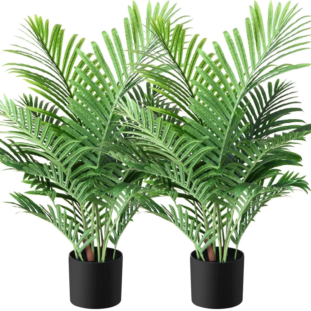 Fopamtri Kunstpflanzen Groß Areca Kunstpalme 90 cm im Topf 🌿 Künstliche Pflanze Tropical Hawaii Grün 🌴 Fake Plant für Schlafzimmer Büro Garten Hochzeit Party Deco (2 Stück) 90cm-2 Pack