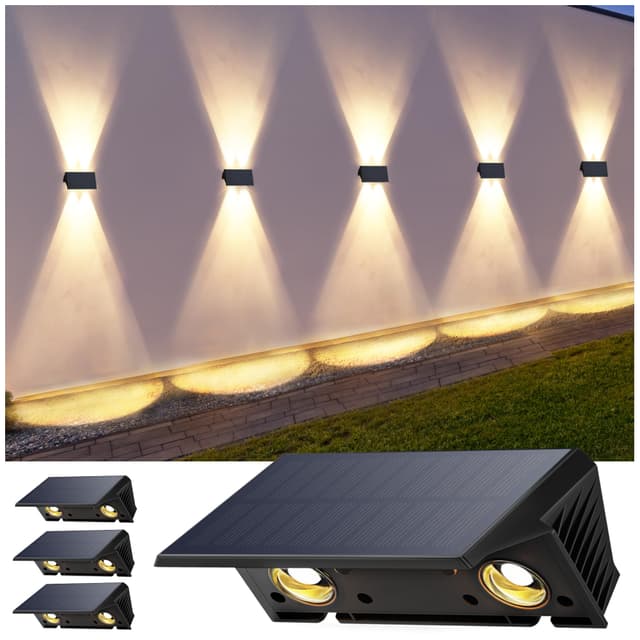 🌞🏡🌿 Wandleuchte Solar Außen IIRARA Solar Wandleuchte Außen Solarlampen Nach Oben und Unten Beleuchtet 4 LEDs IP67 Wasserdichte Solarleuchte für Garten Balkon Terrasse Treppen Warmweiß 4er Warmweiß*4