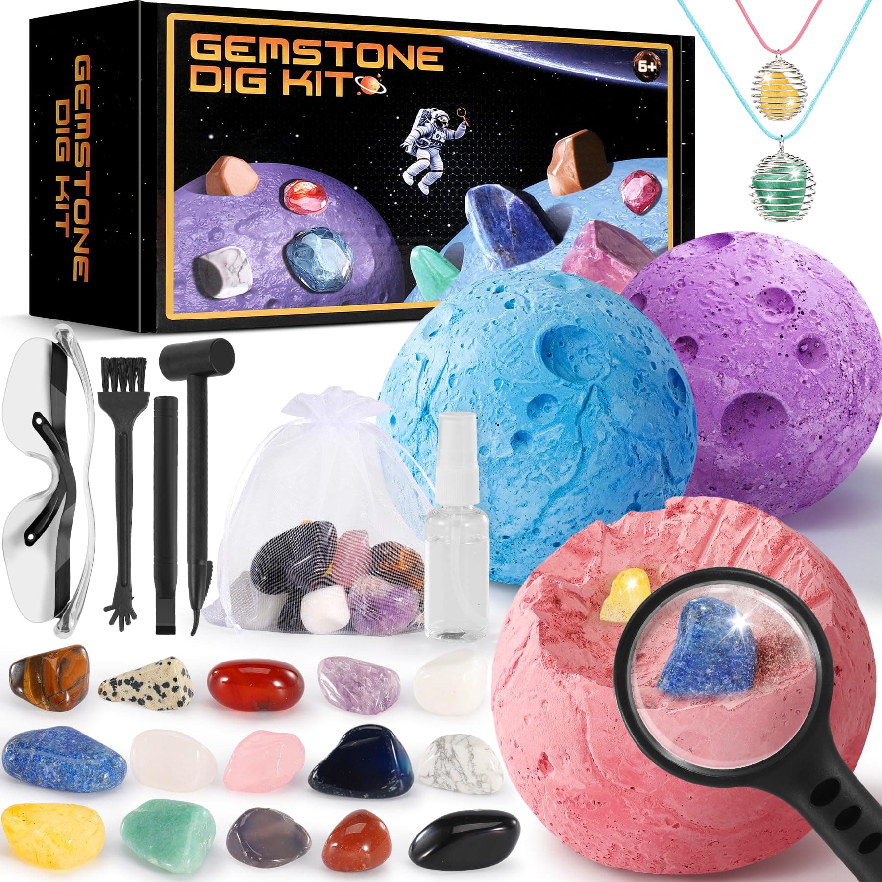 Perbabe Ausgrabungsset für Kinder 🌟 Halskette Herstellen mit Natürliche Edelsteine und Kristalle Fossilien Ausgrabungsset Kinder STEM Mineralogie Spielzeug Planeten Geschenk