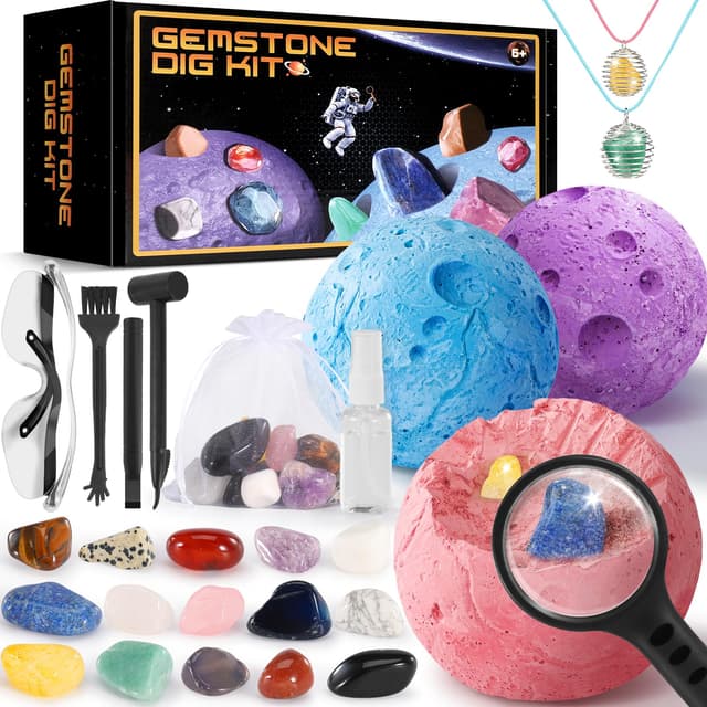 Perbabe Ausgrabungsset für Kinder 🌟 Halskette Herstellen mit Natürliche Edelsteine und Kristalle Fossilien Ausgrabungsset Kinder STEM Mineralogie Spielzeug Planeten Geschenk