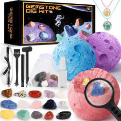 Perbabe Ausgrabungsset für Kinder 🌟 Halskette Herstellen mit Natürliche Edelsteine und Kristalle Fossilien Ausgrabungsset Kinder STEM Mineralogie Spielzeug Planeten Geschenk