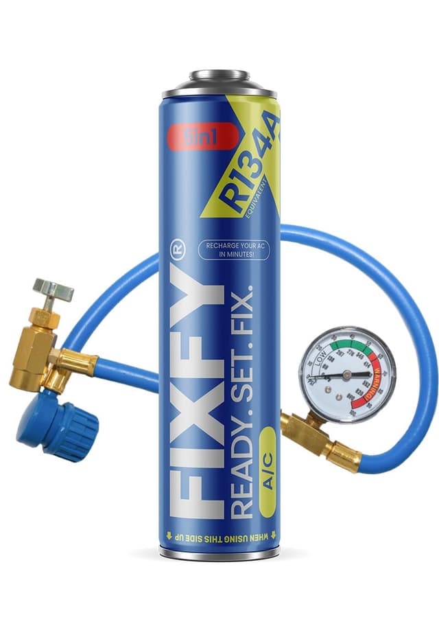 FIXFY 5in1 - Kältemittelersatz R134a mit Öl, Trockner, Dichtmittel, Gas und UV-Farbstoff - Set mit Schlauch und Manometer