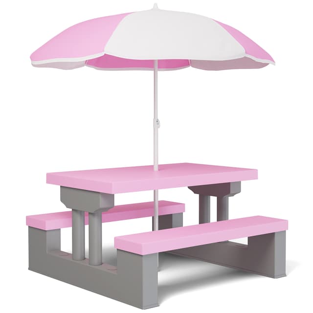🌞 Spielwerk® Kindersitzgruppe mit Sonnenschirm und ABS Kunststoff in Grau-rosa 🎨