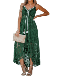CUPSHE Damen Sommerkleid 🌺 V Ausschnitt Floral Spitze Quasten Spaghetti Trägerkleid