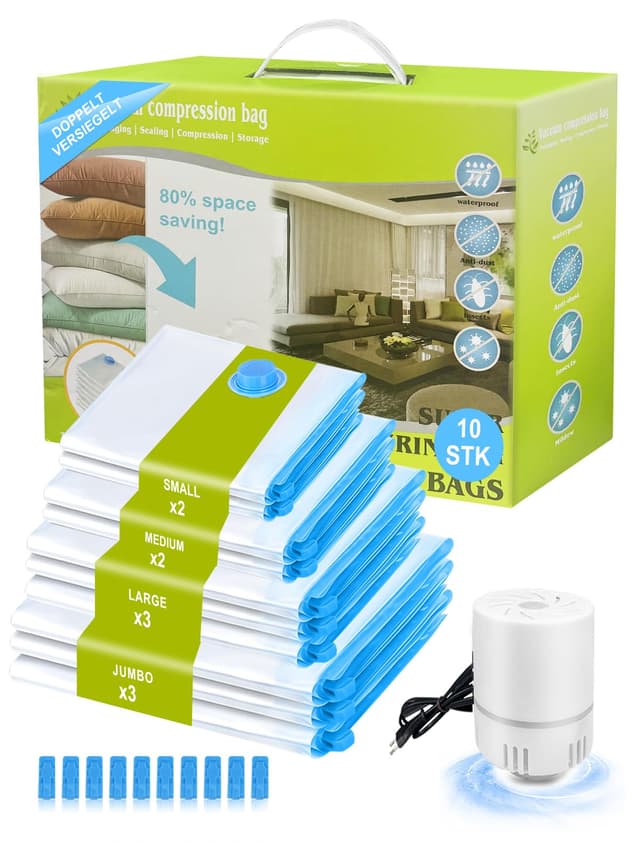 NATNAV 10 Stück Vakuumbeutel für Kleidung mit Elektrischer Luftpumpe 🌬️ - Platzsparend und Wasserdicht!