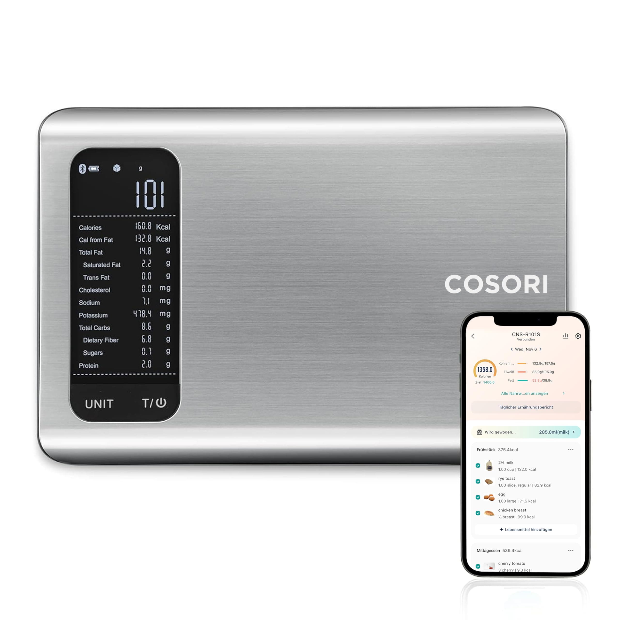 Cosori Küchenwaage digital 🍏 Ernährungswaage App 📱 19 Nährstoffe 🥦 Edelstahl-Lebensmittelwaage 🍽️