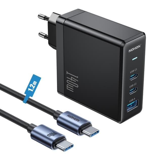 NOHON Ladegerät USB C Schnellladegerät: 140 W PD 3.0 GaN Netzteil mit Kabel Typ C Schnellladung 140 W 1,2 M