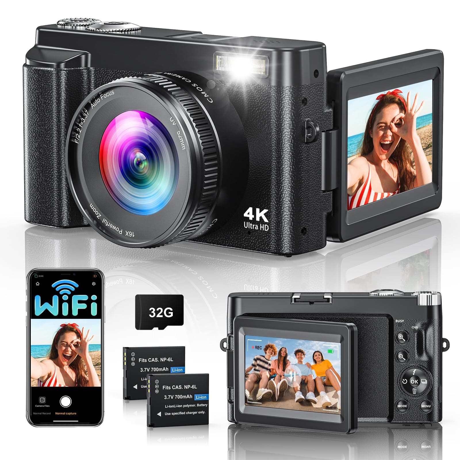 📸 4K 64MP Digitalkamera mit WLAN und 16X Digitalzoom 📹