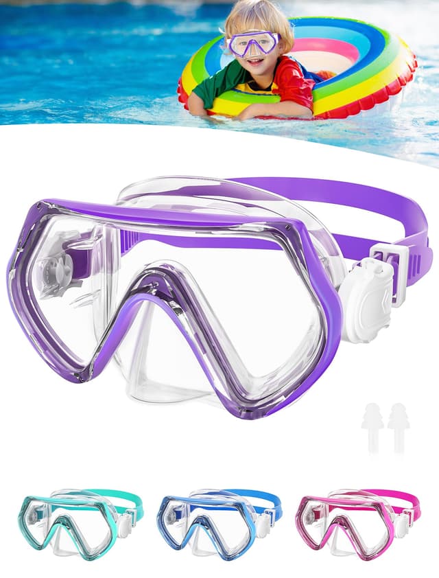 Taucherbrille Kinder 180°Panorama-HD-Gehärtetes-Glas A4-Lila - Schnorchelmaske Kinder 4-10 Jahre