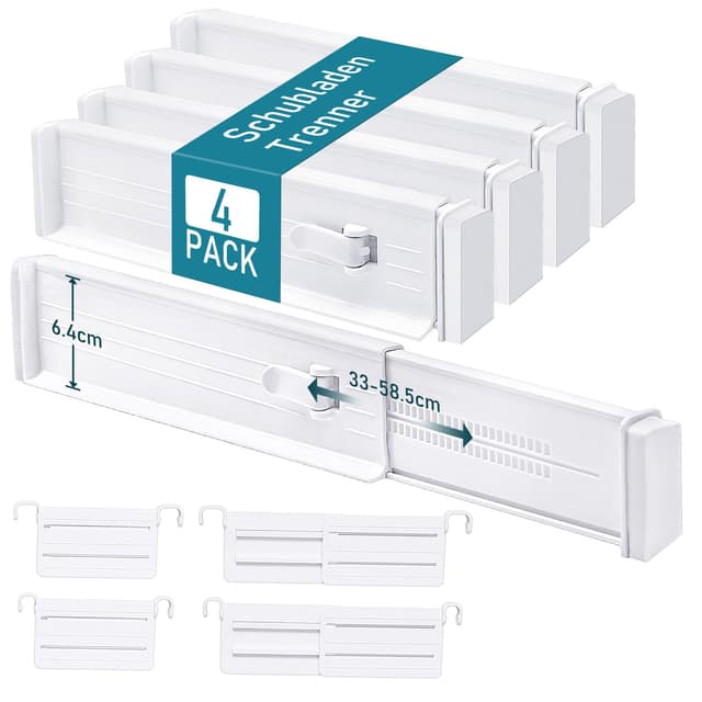 🌟 MOFELON Schubladentrenner Verstellbar, 4 Set Schubladen Trenner für Innenlänge 33-58.5cm & Höhe＞6.4cm - Weiß 4pc-weiß 🌟