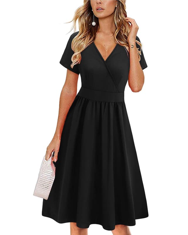 🌸 VOTEPRETTY Damen Sommerkleid Kurzarm V-Ausschnitt Wickelkleid Knielang Kleid mit Taschen L Schwarz 🌺