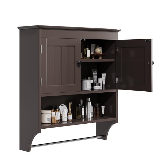 🚿🧴 Bealife Hängender Badezimmerschrank, Doppel-Hängeschrank, platzsparend, Wandschrank mit 2 Türen, Handtuchstange (Dunkelbraun) Deals!