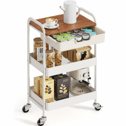 KINGRACK Aufbewahrungswagen 3-Ebenen mit Tischplatte 🌟 Multifunktionswagen aus Metall für Küche, Haus, Büro, Dunkelbraun
