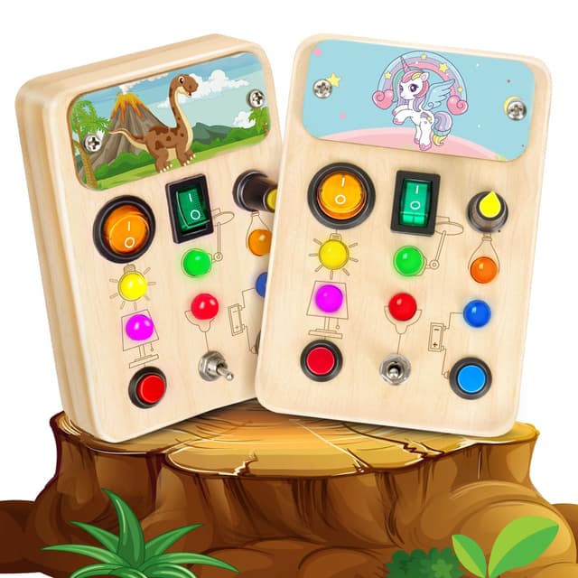 🎁 2 PACK Montessori Spielzeug Busy Board ab 1 Jahr mit LED Lichtern 🌈 Holzdesign 🧩 Förderung von Sensorik & Kognition 🎉