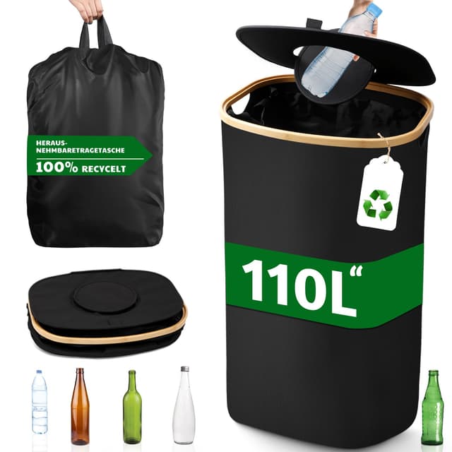 PHYSEN 110L Pfandflaschen Sammelbehälter mit Deckel - Bambus Organizer