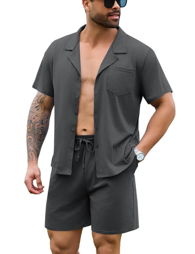 Irdcomps Schlafanzug Herren Pyjama Set Kurz Shorty Männer Sommer Baumwolle Nachtwäsche XXL Grau 😴👕