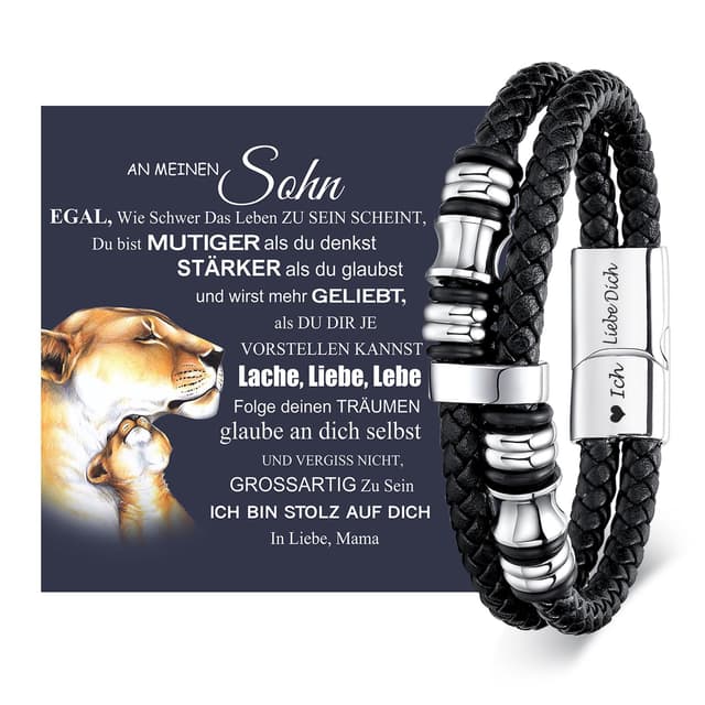 Armband Herren Lederarmband Sohn Geschenk von Mama - Armband für Meinen Sohn Geburtstagsgeschenk für Teenager 18. Geburtstag Junge Azubi Mutmacher Geschenk für 16 19 21 Jährige Männer 23cm