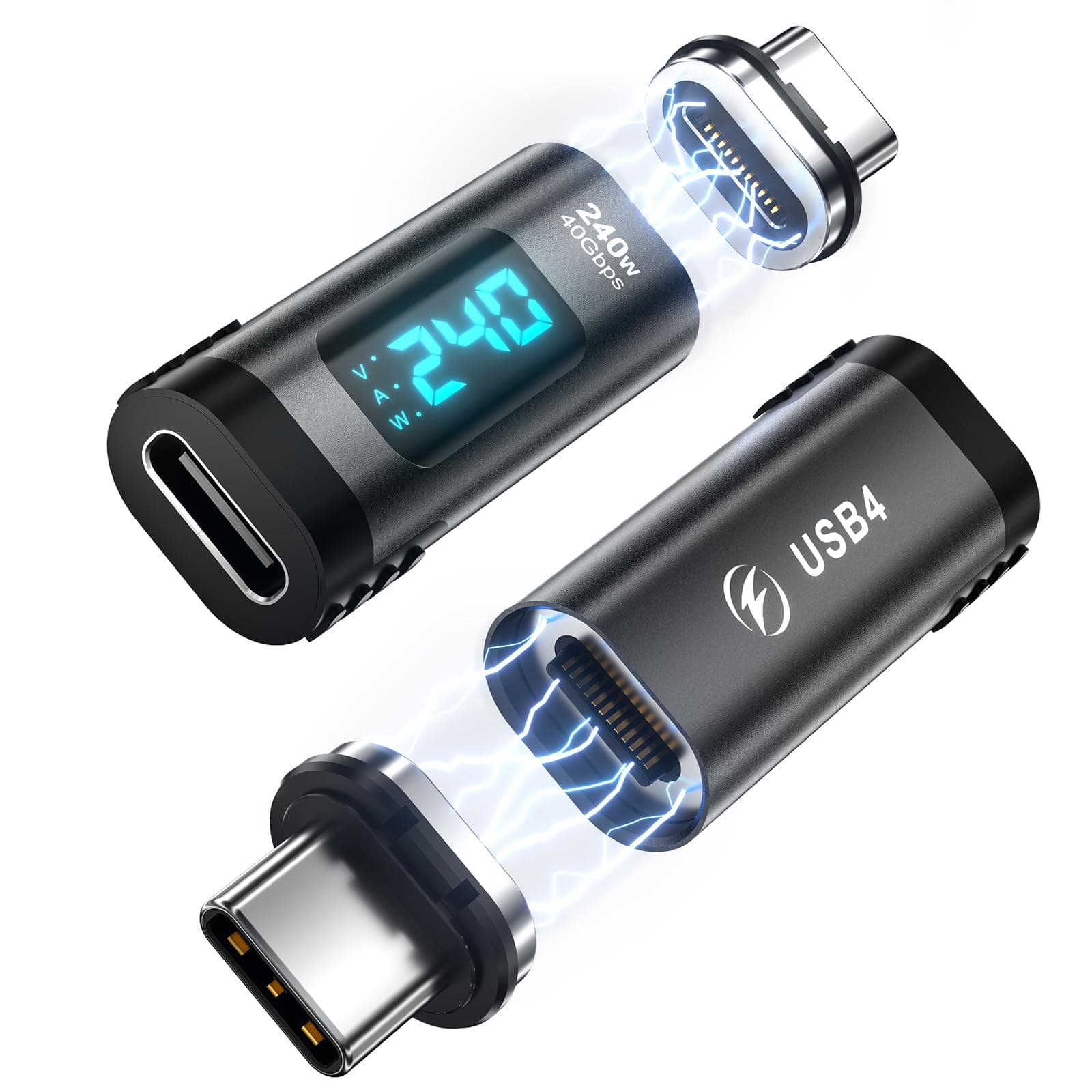 DuHeSin Digitaler USB-C-Magnetadapter, PD, 240 W, 24-polig, mit Spannungsstrom, LED-Display, Typ-C-Leistungsmessgerät, Tester, gerade, USB4, 40 Gbit/s, 8 K, 60 Hz, für Thunderbolt 3/4, MacBook Gerade - Digitalanzeige 🌟