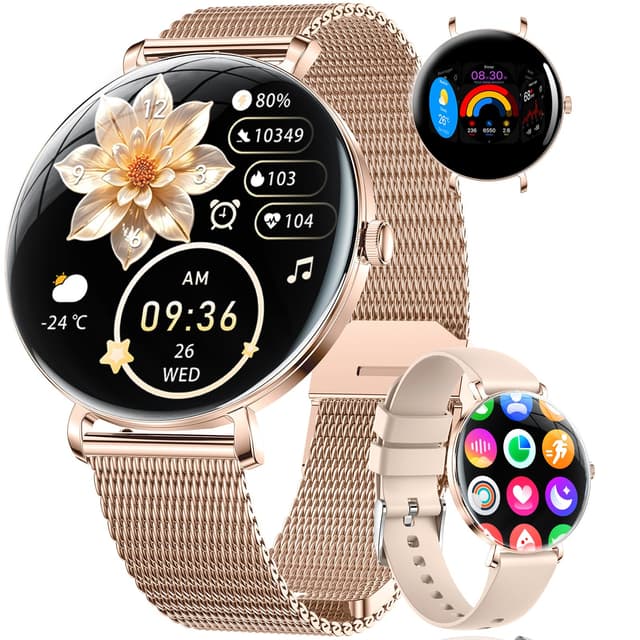 Smartwatch Damen Leichte mit Ultradünn Gebogen AMOLED-Bildschirm Telefonfunktion Schrittzähler/Menstruationszyklus/Herzfrequenz IP68 Wasserfest 100+ Sportmodi Smartwatch für Damen Mädchen Android iOS F-Dorée Métal-Rose Silicone